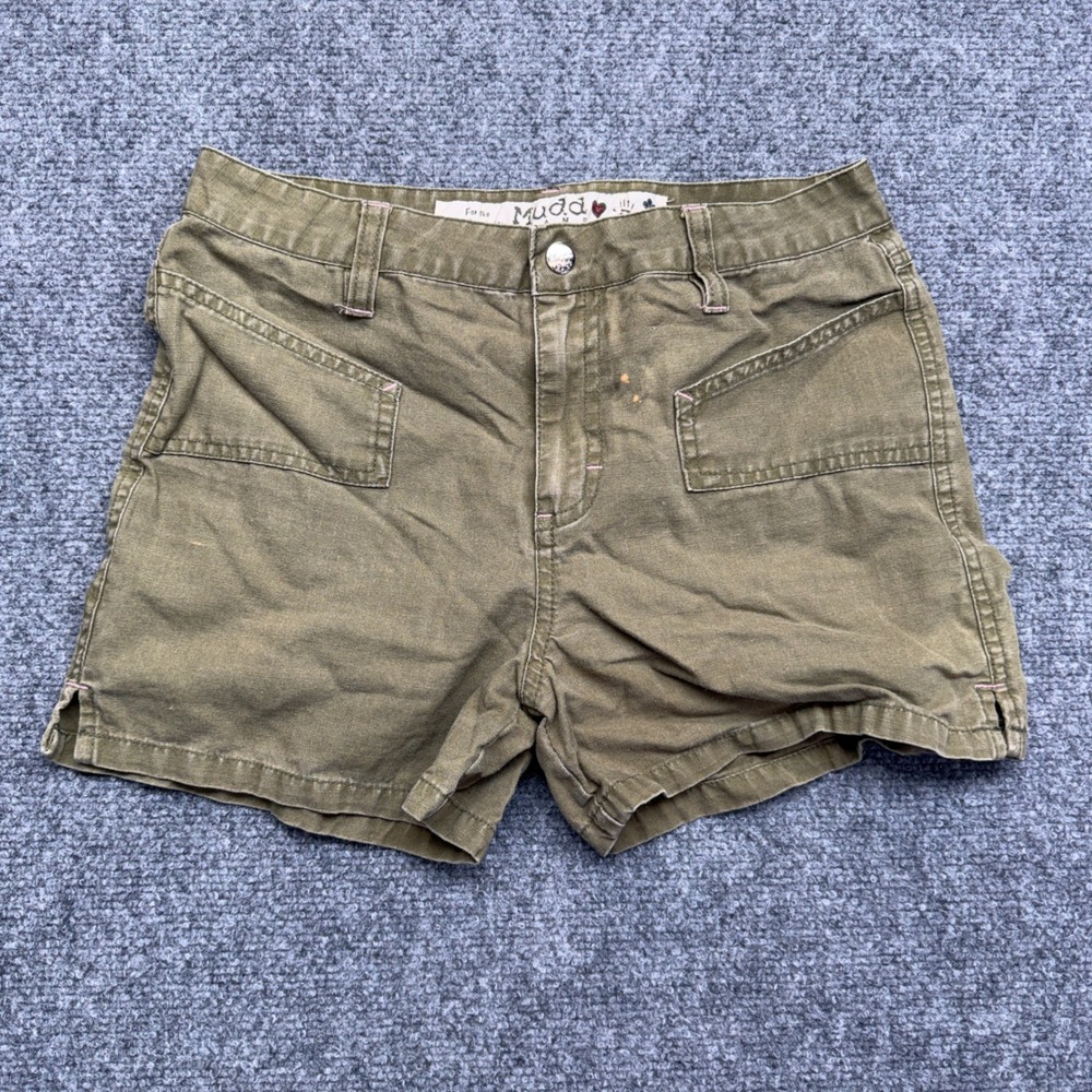 Y2K Mudd Jeans Women Olive Green Cargo Shorts Ramie Cotton Stitching Size 14